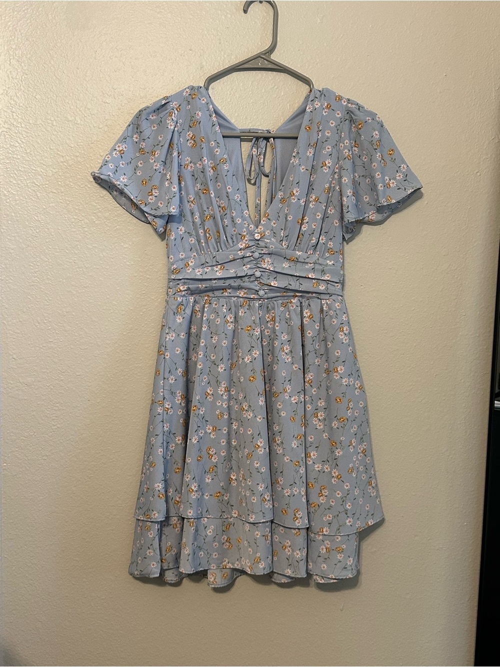 Altar'd State Sky Blue Floral V-Neck Tie-Back Mini Dress